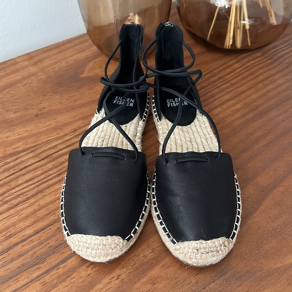 Eileen Fisher Lace LT Black Leather Espadrille Flats - Picture 4 of 9